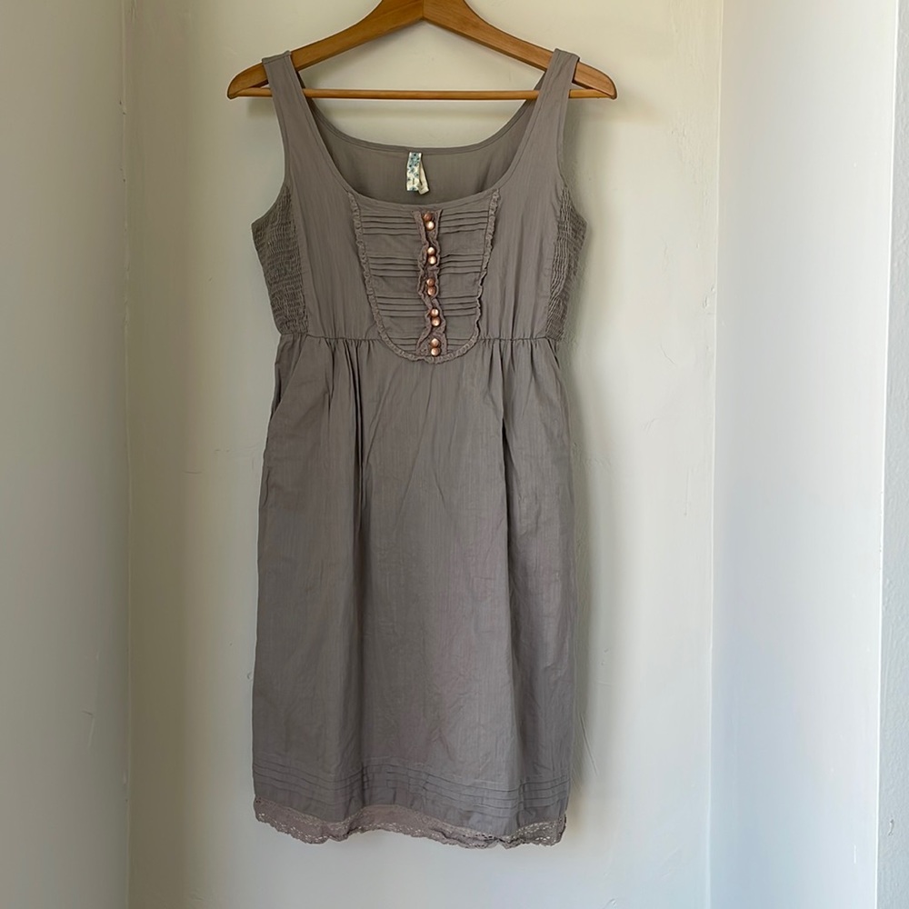 Anthropologie Taupe Sleeveless Ruffled Button-Front Dress